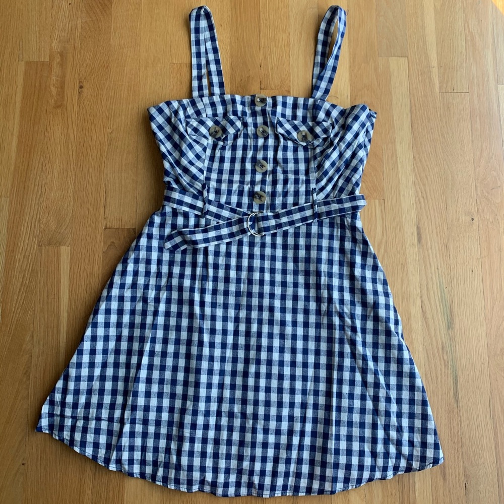 new navy blue checkered belt dress